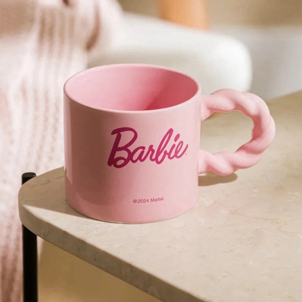 Pair of: Barbie Pink Braided Handle Ceramic 20oz Boxed Coffee Mugs